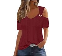 Tops for Women Sexy Cold Shoulder Party Top Summer V Neck Hollow Out Eyelet T Shirts Loose Plain Short Sleeve Tunic Going Out Blouses Vacation Beach Ladies Tee Shirt Tops