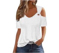 Tops for Women Sexy Cold Shoulder Party Top Summer V Neck Hollow Out Eyelet T Shirts Loose Plain Short Sleeve Tunic Going Out Blouses Vacation Beach Ladies Tee Shirt Tops