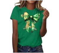 Tops for Women St. Patrick's Day Short Sleeve Oversized Blouses Irish Lucky Shamrock Printed Cotton T Shirt Ladies Lucky Green Bow Tie Graphic Pullover Holiday Festival Tees Spring Summer S-3XL