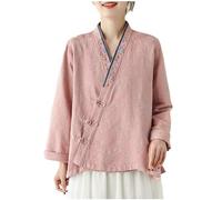 Tops for Women UK 2024 Novelty Stylish Chinese Style Cardigan Blouse Literary Vintage Solid Color Embroidery Print Elegant Tops Loose Breathable Lace V Neck Long Sleeve Shirt
