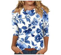 Tops for Women UK, 3/4 Length Sleeve Womens Tops Floral Printed Basic Tee Shirts Round Neck Oversized Vintage Blouses Spring Summer Basic Tunic Top Soft Comfy Tees Work Clothes