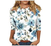 Tops for Women UK, 3/4 Length Sleeve Womens Tops Floral Printed Basic Tee Shirts Round Neck Oversized Vintage Blouses Spring Summer Basic Tunic Top Soft Comfy Tees Work Clothes