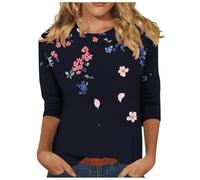 Tops for Women UK, 3/4 Length Sleeve Womens Tops Floral Printed Basic Tee Shirts Round Neck Oversized Vintage Blouses Spring Summer Basic Tunic Top Soft Comfy Tees Work Clothes