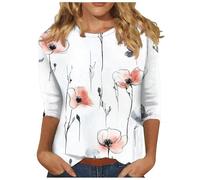 Tops for Women UK, 3/4 Length Sleeve Womens Tops Floral Printed Basic Tee Shirts Round Neck Oversized Vintage Blouses Spring Summer Basic Tunic Top Soft Comfy Tees Work Clothes