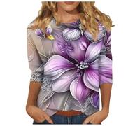 Tops for Women UK, 3/4 Length Sleeve Womens Tops Floral Printed Basic Tee Shirts Round Neck Oversized Vintage Blouses Spring Summer Basic Tunic Top Soft Comfy Tees Work Clothes