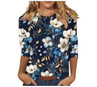 Tops for Women UK, 3/4 Length Sleeve Womens Tops Floral Printed Basic Tee Shirts Round Neck Oversized Vintage Blouses Spring Summer Basic Tunic Top Soft Comfy Tees Work Clothes