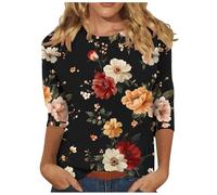 Tops for Women UK, 3/4 Length Sleeve Womens Tops Floral Printed Basic Tee Shirts Round Neck Oversized Vintage Blouses Spring Summer Basic Tunic Top Soft Comfy Tees Work Clothes