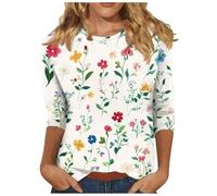 Tops for Women UK, 3/4 Length Sleeve Womens Tops Floral Printed Basic Tee Shirts Round Neck Oversized Vintage Blouses Spring Summer Basic Tunic Top Soft Comfy Tees Work Clothes