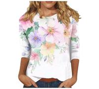 Tops for Women UK, 3/4 Length Sleeve Womens Tops Floral Printed Basic Tee Shirts Round Neck Oversized Vintage Blouses Spring Summer Basic Tunic Top Soft Comfy Tees Work Clothes