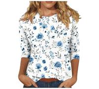 Tops for Women UK, 3/4 Length Sleeve Womens Tops Floral Printed Basic Tee Shirts Round Neck Oversized Vintage Blouses Spring Summer Basic Tunic Top Soft Comfy Tees Work Clothes