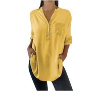 Tops for Women UK Button Down V Neck Henley Shirts Elegant Solid Color Boho Loose T-Shirts Tunic Shirts Oversized Casual Lightweight Plain Long Length T-Shirt Blouse