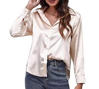 Tops for Women UK Clearance Long Sleeve Tops Women Casual Slim Fit Satin Shirts Soft T Shirts Lapel Neck Button Down Blouse Top Elegant Curved Hem Christmas Jumper Sale UK Rose Gold