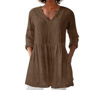 Tops for Women UK Clearance Plus Size Women Summer Tops with Pockets Linen 3/4 Sleeve V Neck Tunic Top Cotton Linen Casual T-Shirt Oversized Long Swing Blouse Shirts Ladies Clothes Tee