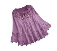Tops for Women UK Elegant Embroidery Crochet Lace Trim Tunic T Shirt Blouse 3/4 Flared Sleeve Floaty Tee Shirts V-Neck Party Evening Wedding Going Out Dressy Pullover