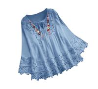 Tops for Women UK Elegant Embroidery Crochet Lace Trim Tunic T Shirt Blouse 3/4 Flared Sleeve Floaty Tee Shirts V-Neck Party Evening Wedding Going Out Dressy Pullover