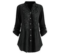 Tops for Women UK Lace Elegant Roll Long SLeeve Blouses V Neck BUtton Down Tunics Shirts Pleated Mid Length Plain T Shirt Dressy Swing Going Out Tshirt Plus Size 8-22
