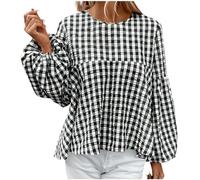 Tops for Women UK Lantern Long Sleeve Gingham Shirt Crewneck Pullover Loose Swing Blouse Plus Size Chekered Sweatshirt Soft Undershirt Womens Fall Summer Clothes Beach Home Casual Wear