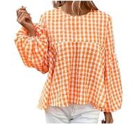 Tops for Women UK Lantern Long Sleeve Gingham Shirt Crewneck Pullover Loose Swing Blouse Plus Size Chekered Sweatshirt Soft Undershirt Womens Fall Summer Clothes Beach Home Casual Wear