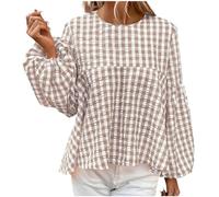 Tops for Women UK Lantern Long Sleeve Gingham Shirt Crewneck Pullover Loose Swing Blouse Plus Size Chekered Sweatshirt Soft Undershirt Womens Fall Summer Clothes Beach Home Casual Wear