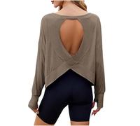 Tops for Women UK Open Back Workout Cotton Womens Tops Backless Long Sleeve Athletic Shirt Crew Neck Loose Casual T Shirts Casual Loose Running Crop Top Gym Yoga Tee Khaki