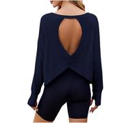 Tops for Women UK Open Back Workout Cotton Womens Tops Backless Long Sleeve Athletic Shirt Crew Neck Loose Casual T Shirts Casual Loose Running Crop Top Gym Yoga Tee Navy