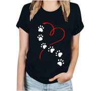 Tops for Women UK Plus Size Ladies Letter Print T Shirts Dogs Paw Heart Print Casual Tee Shirts Funny Pullover Tops Tunic Blouse Crewneck Graphic Tee Festival Vacation Black XXL