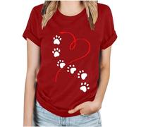 Tops for Women UK Plus Size Ladies Letter Print T Shirts Dogs Paw Heart Print Casual Tee Shirts Funny Pullover Tops Tunic Blouse Crewneck Graphic Tee Shirts Festival Vacation Red XXL