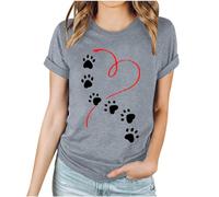 Tops for Women UK Plus Size Ladies Letter Print T Shirts Dogs Paw Heart Print Casual Tee Shirts Funny Pullover Tops Tunic Blouse Crewneck Graphic Tee Festival Vacation Grey XXL
