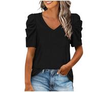 Tops for Women Uk Puffed Sleeves Summer Tops Women Sexy V-Neck Women's Shirts Solid Color Ladies Tops And Blouses Loose Fit Tunic Tops Casual Trendy Going Out Tops for Women Uk Black