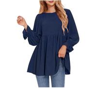 Tops for Women UK Round Neck Swiss Dot Babydoll Peplum Top Ladies Blouses Solid Colour Swing Pleated Flowy Elegant Tshirts Dressy Fashion Pullover Shirts Comfort Casual Tee Blouse Navy
