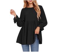 Tops for Women UK Round Neck Swiss Dot Babydoll Peplum Top Ladies Blouses Solid Colour Swing Pleated Flowy Elegant Tshirts Dressy Fashion Pullover Shirts Comfort Casual Tee Blouse Black