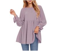 Tops for Women UK Round Neck Swiss Dot Babydoll Peplum Top Ladies Blouses Solid Colour Swing Pleated Flowy Elegant Tshirts Dressy Fashion Pullover Shirts Comfort Casual Tee Blouse Purple
