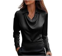 Tops for Women UK Satin Silk Blouse Cowl Neck Long Sleeve Ladies Tshirts Solid Colour Pleated Turndown Collar Fashion Shirts Work Office Elegant Tunic Blouses Casual Streetwear