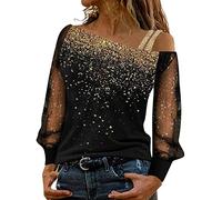Tops for Women UK Sequin Print Mesh Long Sleeve Blouse Gradient Sparkly Shirt Off Shoulder Loose T-Shirt Elegant Comfort Tunic Pullover Tee for Party Disco Club Festival