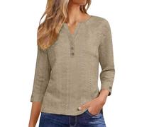 Tops for Women UK Summer Cotton Linen 3/4 Sleeve Buttons Henley Shirt Oversized V Neck Tunic Tops Fashion Baggy Solid Plain Casual T-Shirt Comfort Breathable Elegant Blouses Tees Ladies S-5XL