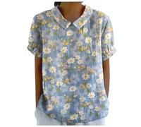 Tops for Women UK, Summer Plus Size Clothing Cotton Linen Shirts Ladies-Tops Back Button Closure T-Shirts Round Lapel Neck Floral Top Tee Short Sleeve Casual Loose Blouse Pullover