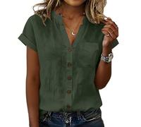 Tops for Women UK V Neck Linen Shirts Short Sleeve Button Down Summer Tops Plain Colour Work Blouses with Pocket Smart Casual Oversized Blouse Ladies Vacation Beach Outfits