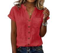 Tops for Women UK V Neck Linen Shirts Short Sleeve Button Down Summer Tops Plain Colour Work Blouses with Pocket Smart Casual Oversized Blouse Ladies Vacation Beach Outfits