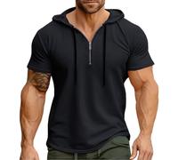 Tops Sale of Clearance Summer Clothes for Men Men's Summer Hooded Sports American Zipper Solid Color Shirt Smart Casual T Shirts for Men UK Fashion Clothes Sale of Clearance Black