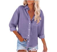Tops Women Long Sleeve Blouse Button Down Cotton Linen Shirts with Breasted Pocket Loose Solid Casual Office Smart Blouses Elegant Party Dressy Tops Vintage Classic Tees Shirts A Purple L