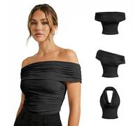 Tops Women UK, Black Halter Neck Top, 3-in-1 Going Out Tops Backless Off-Shoulder Cowl Neck One Shoulder Asymmetrical Top, Y2k Party Womens Summer Crop Tank Tops Slim Fit Elegant Sexy Vest