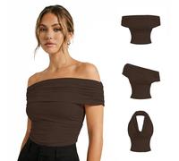 Tops Women UK, Brown Halter Neck Top, 3-in-1 Going Out Tops Backless Off-Shoulder Cowl Neck One Shoulder Asymmetrical Top, y2k Party Womens Summer Crop Tank Tops Slim Fit Elegant Sexy Vest