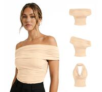 Tops Women UK, Cream Halter Neck Top, 3-in-1 Going Out Tops Backless Off-Shoulder Cowl Neck One Shoulder Asymmetrical Top, y2k Party Womens Summer Crop Tank Tops Slim Fit Elegant Sexy Vest
