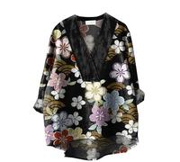 Tops Women Women's Blue Line Print Japanese Traditional Geometric Pattern Printed Casual Cotton and Linen V Neck Shirt Ladies Swing Tops Size 22 (Black, S)