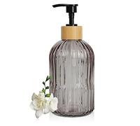 Topsky Glass Soap Dispenser with Wooden Hoop Pump 400ml Translucent Black | Liquid Hand Soap Dispenser with Rustproof Pump for Kitchen & Bathroom, Great for Lotions, Essential Oil, Liquid Soaps