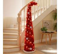 TOPSOSO Pop Up Christmas Tree 5FT Red Santa Hat Christmas Tree with Light White Pom Topper and Snowflakes - Foldable Pop Up Holiday Tree for Kids' Rooms, Dorms, Entryways, Indoor Christmas Decoration