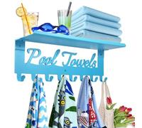 Topspeeder Blue Outdoor Pool Towel Rack with Shelf Pool Decor Wall Hooks Towel Holder Carbon Steel Hanger Organizer Pool Accessories for Hanging Towels, Robes, Clothes, Swimming Suit, Bags, Keys