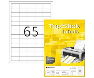 TopStick 8697 Multi-Purpose Labels, 65 Labels Per A4 Sheet, 38.1 x 21.2 mm, 65000 Labels, Self Adhesive, Small Stickers for Laser and Inkjet Printers, White