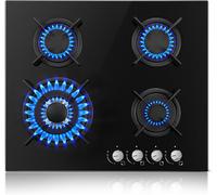 TopStrong 4 Burner Black Glass Gas Hob with Wok Burner, 60cm Cooker, Flame Out