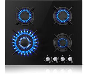 TopStrong 4 Burner Black Glass Gas Hob with Wok Burner, 60cm Cooker, Flame Out